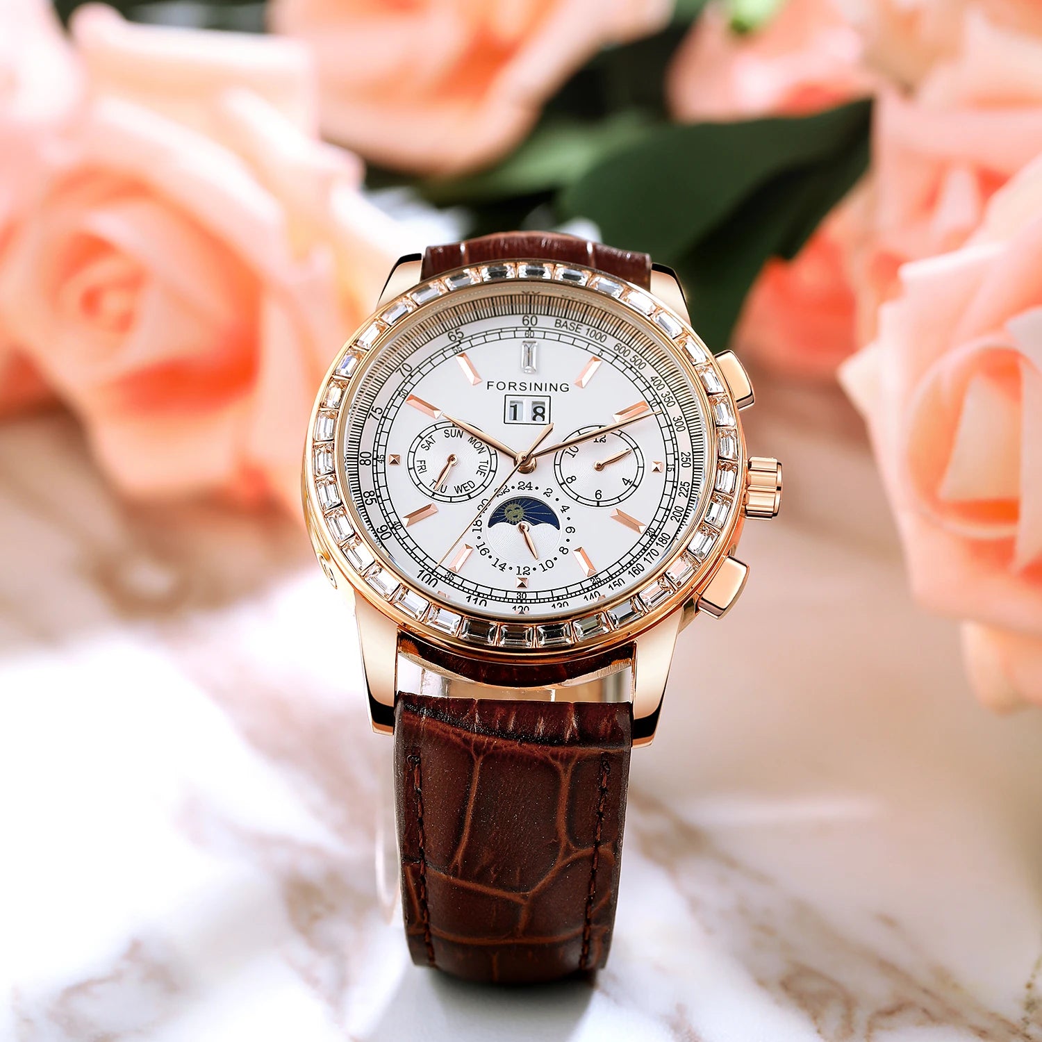 Rose Gold Stainless Steel Men's Wrist Watch Tourbillon Chronograph Leather Strap — Rose Gold | KIMLUD