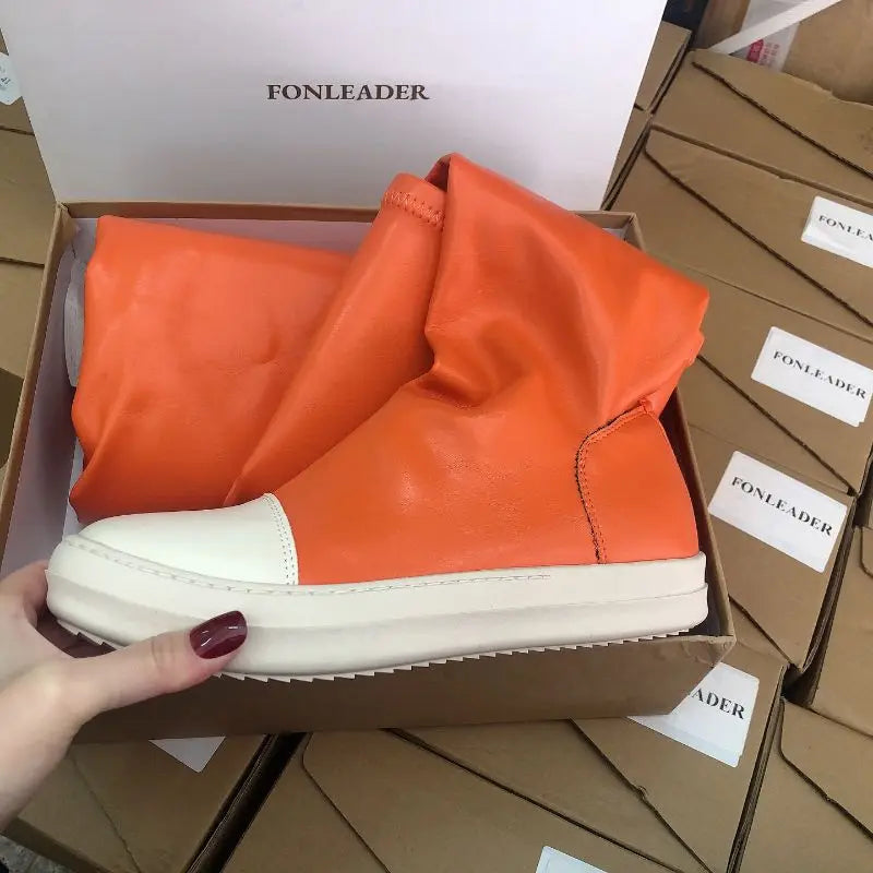 Green/Orange 2025 Botas Largas Leather Over Knee High Flat Boots for Women