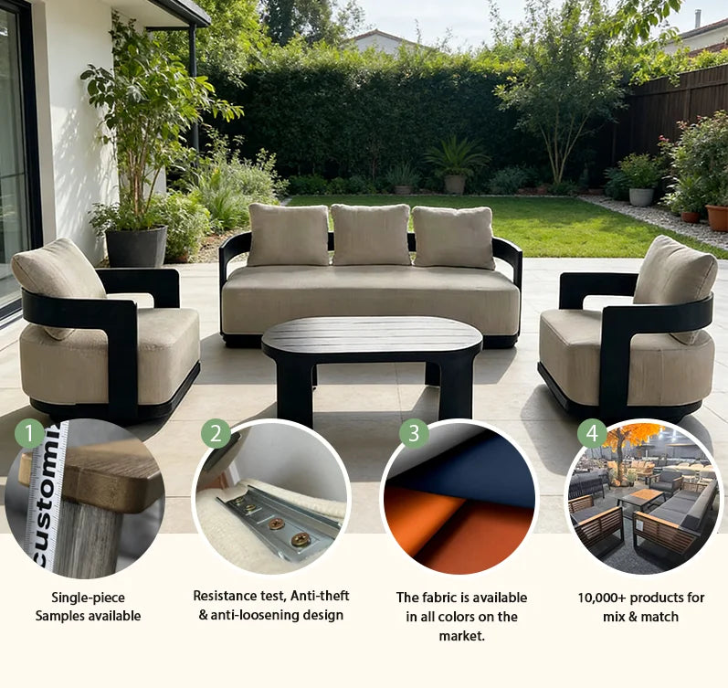 Aluminum Outdoor Garden Sofa Set Waterproof Cushions — Beige | KIMLUD