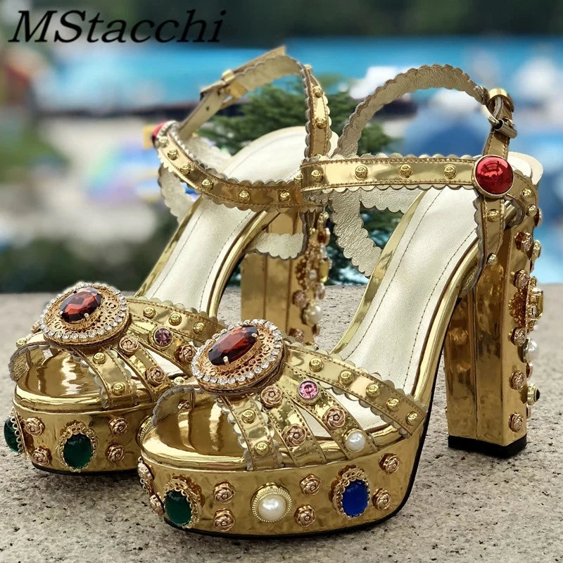 Gladiator Crystal-Embroidered Platform Sandals — Gold | KIMLUD