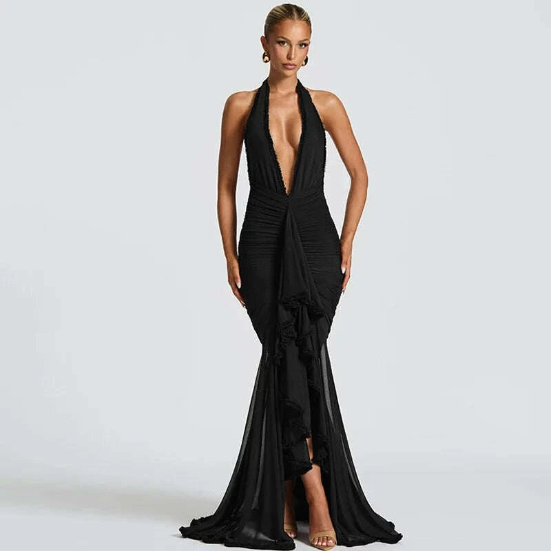 KIMLUD, Elegant High-End Flowy Tulle Maxi Evening Gown with Ultra-Deep V-Neck & Backless Design Sexy Allure, KIMLUD Womens Clothes