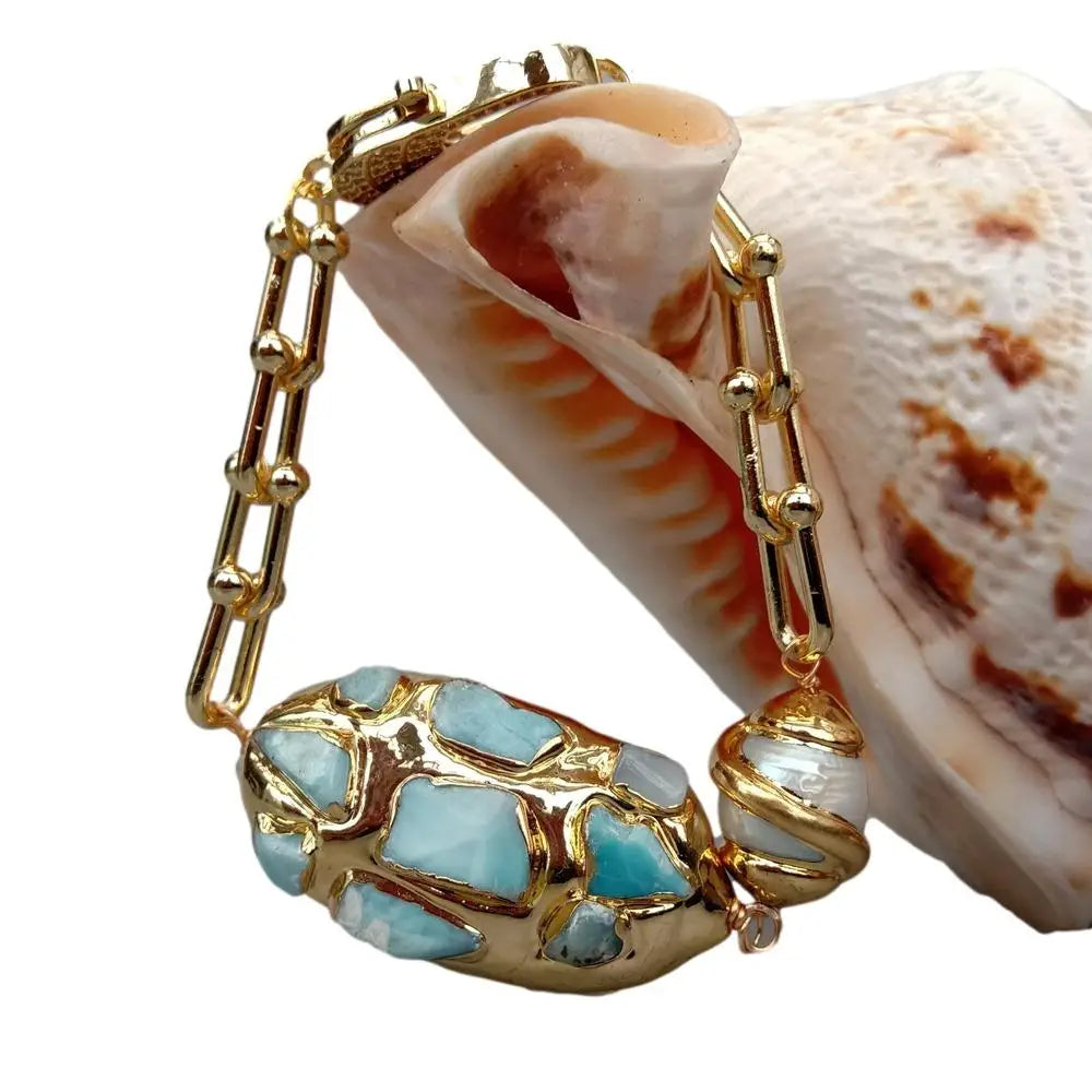 Gold Plated Chain Larimar Chips Bracelet — Blue | KIMLUD
