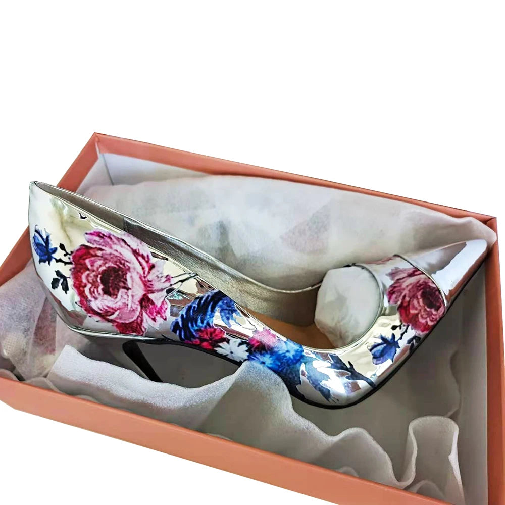 Patent Leather High Heels Pointed Toe With Intricate 3D Flower Motif — Silver | KIMLUD