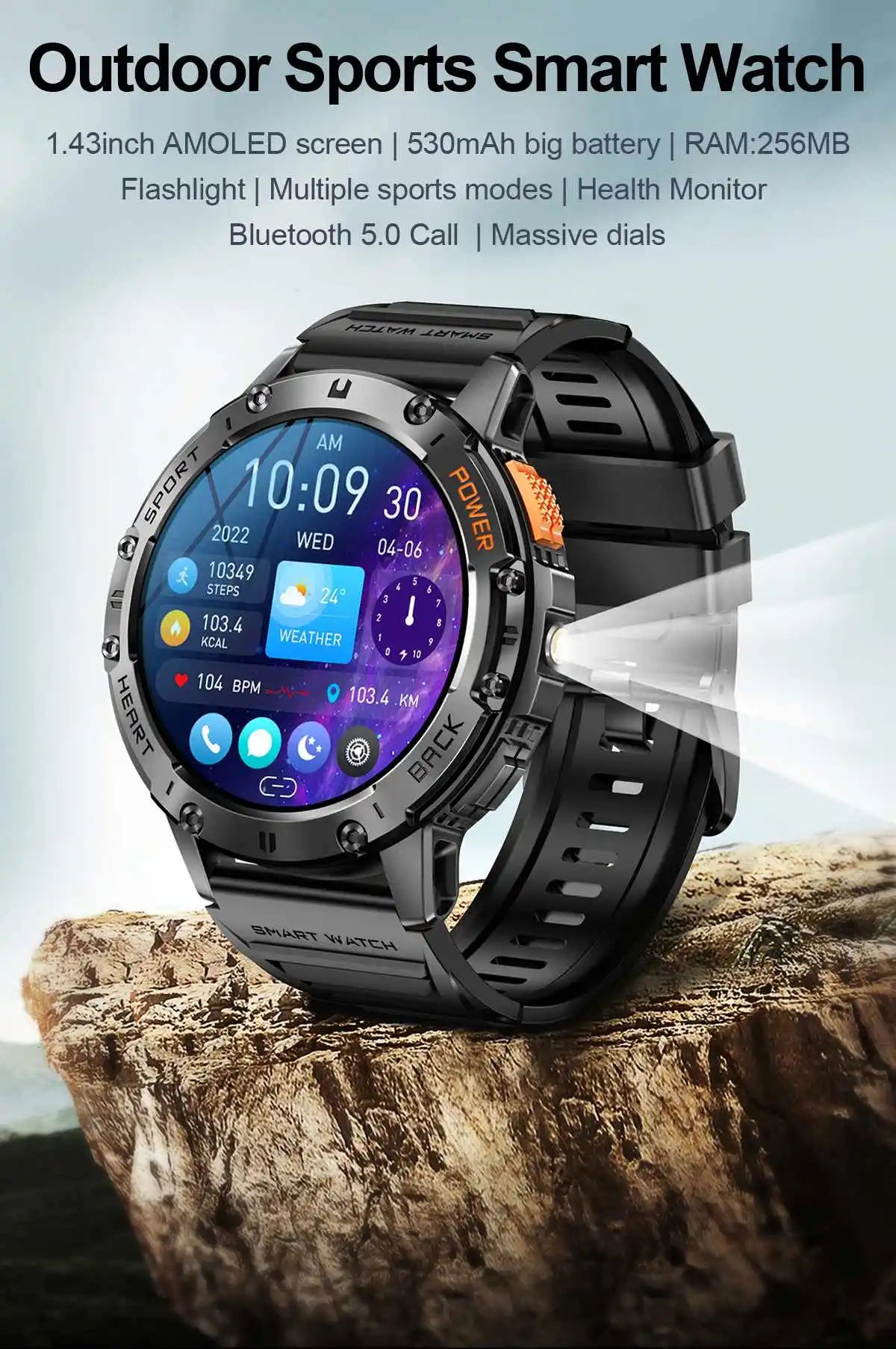 New Sports Watch K65 Smartwatch Heart Rate Monitor Health Tracking Sports Fitness Smartwatch Reloj Intelligente with Flashlight