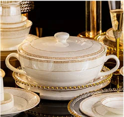 Bone China Tableware Set 60-Piece With Gold Hand-Painting — White | KIMLUD