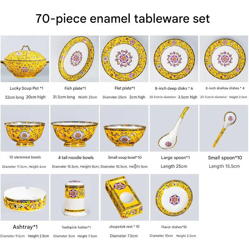 70 Pcs High-End Bone China Tableware Set Enamel Color Bowl Chopstick Plate Bowls for Household Perfect Dinnerware Gift