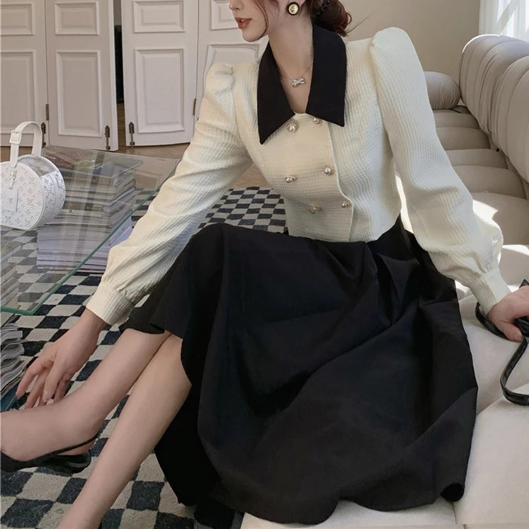 2023 Spring Elegant Two Piece Set Women Casual Slim Korean Coat + Black Pleated Gothic Vintage Midi Skirt Office Lady Skirt Srts