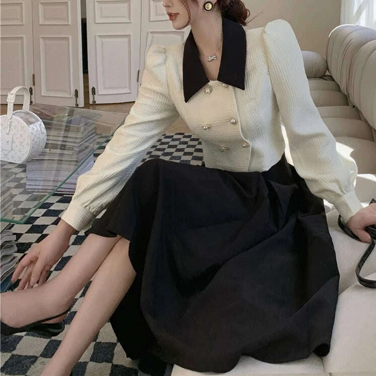 KIMLUD, 2023 Spring Elegant Two Piece Set Women Casual Slim Korean Coat + Black Pleated Gothic Vintage Midi Skirt Office Lady Skirt Srts, KIMLUD Womens Clothes