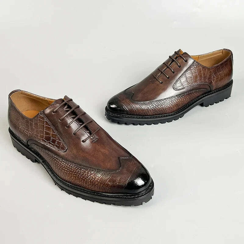 KIMLUD, Men Dress Formal Shoes Genuine Leather Office Shoe for Business Social Elegant Handmade Printing Oxfords Lace up Shoes, KIMLUD Womens Clothes