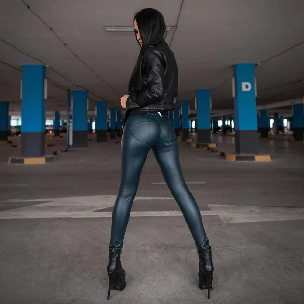 Shascullfites Melody Blue Faux Leather Trousers Wet Leather Pants Legging Ladies Leather Pants Hip Butt Shaper Long Leggings