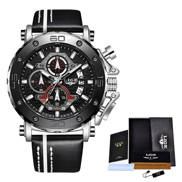 New Top Brand LIGE Mens Watches Fashion Sport Leather Watch Man Luxury Date Waterproof Quartz Chronograph Relogio Masculino+Box