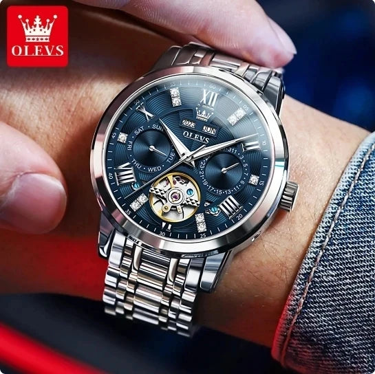 OLEVS 6701 Business Luminous Multifunction Hollow Out Full Automatic Watch for Men Stainless Steel Tourbillon Mechanical Watches
