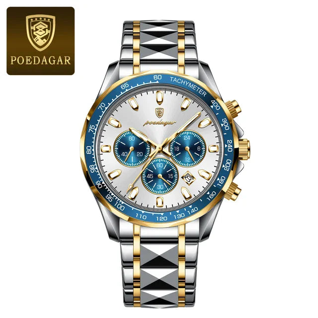 POEDAGAR Luxury Sports Watch Stainless Steel Man Watch Men Quartz Waterproof Luminous Date Chronograph Men's Watches Male Clock