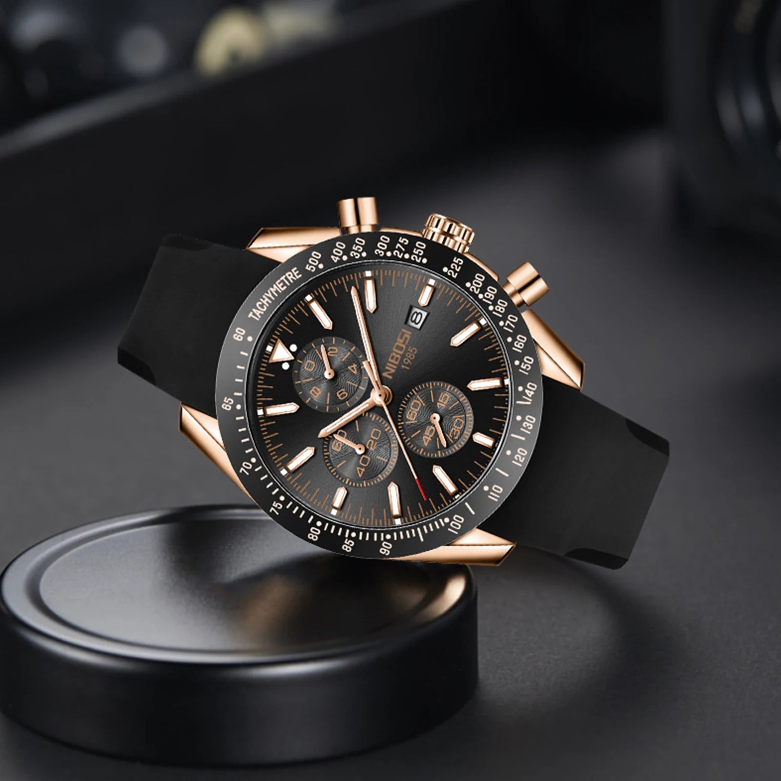 NIBOSI 2615 Business Style Men Watch Luminous Real Leather Band Wristwatch Silicone Strap Chronograph Quartz Watches