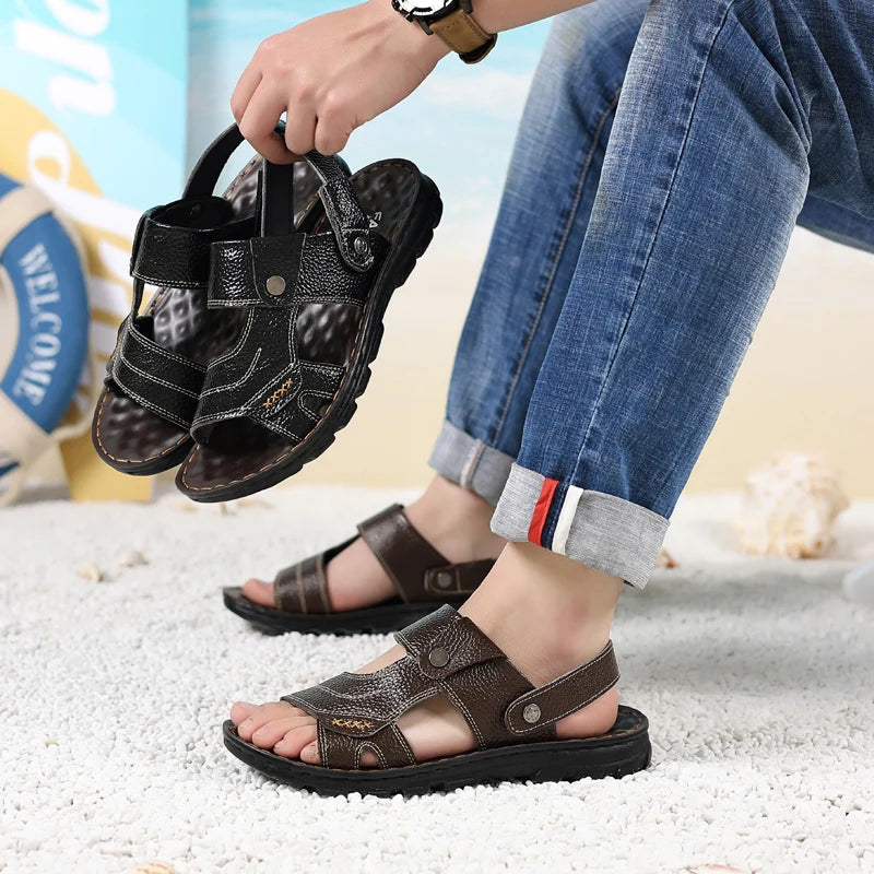 Split Leather Slide Sandals Open-Toe Slip-On Outdoor Summer Essential — Black | KIMLUD