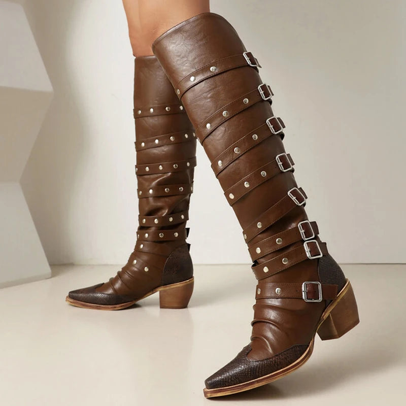 Western Buckle Wedge Boots — Saddle Brown | KIMLUD