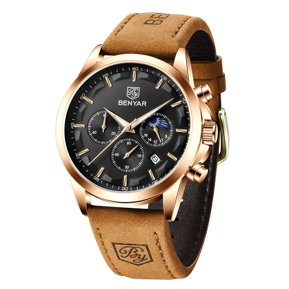 BENYAR 5160 Top Brand Men Quartz Wristwatches Fashion Sport Chronograph Watch Leather Waterproof Watch Men Reloj Hombre