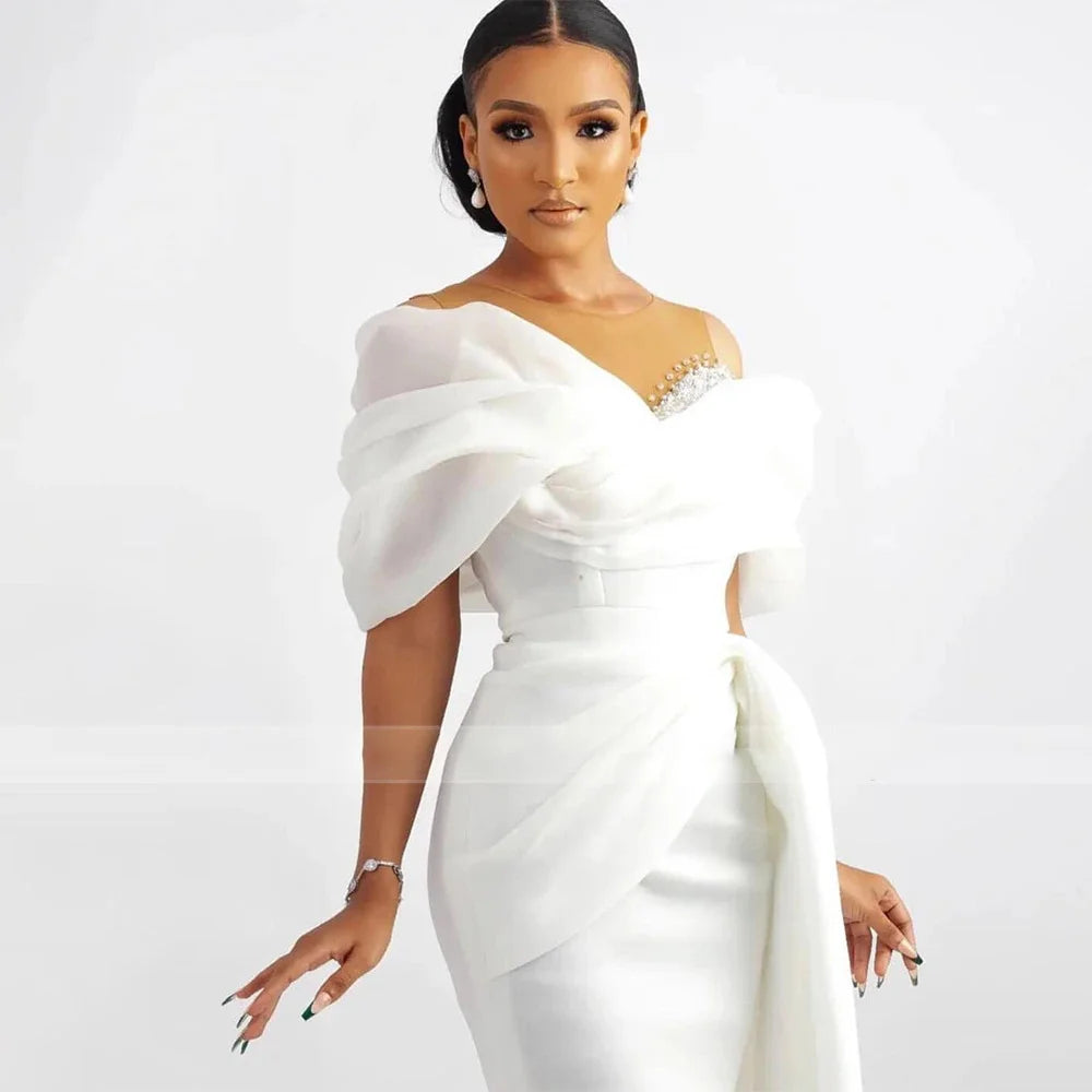 Off-Shoulder Sheath Bridal Gown Beaded Appliques Lace — White | KIMLUD