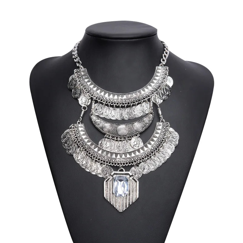 Choker Necklace – Multilayer Coin Collar – Rhinestone Tin Alloy | KIMLUD