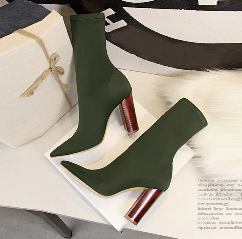 Ankle Boots – Stretch Sock Boot – 8cm Square Heel – Women | KIMLUD