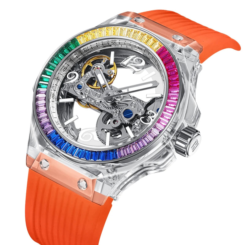 Stainless Steel Skeleton Mechanical Watch — Black | KIMLUD
