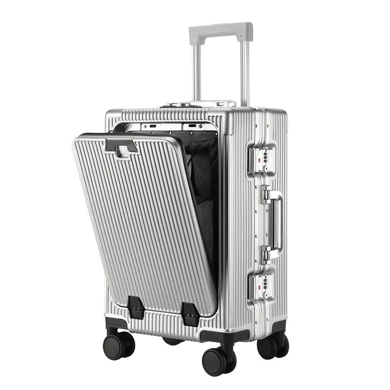 Aluminium Front Opening Luggage Case With Multifunction Password Lock And Cup Holder — Cool Silver | KIMLUD
