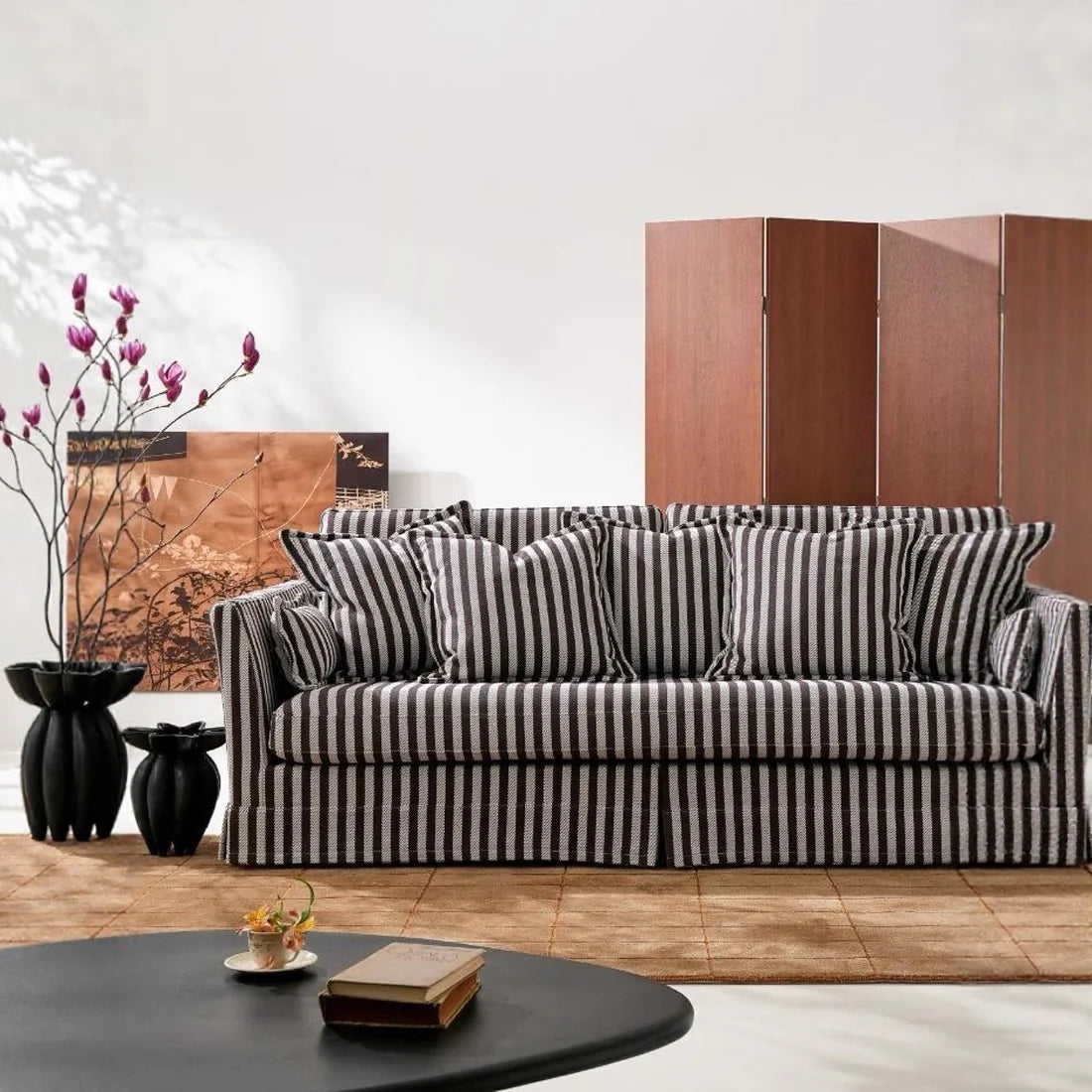 North European and American Style Rural Linen Striped Fabric Three Seater Sofa, Fully Disassembled and Washed Furniture