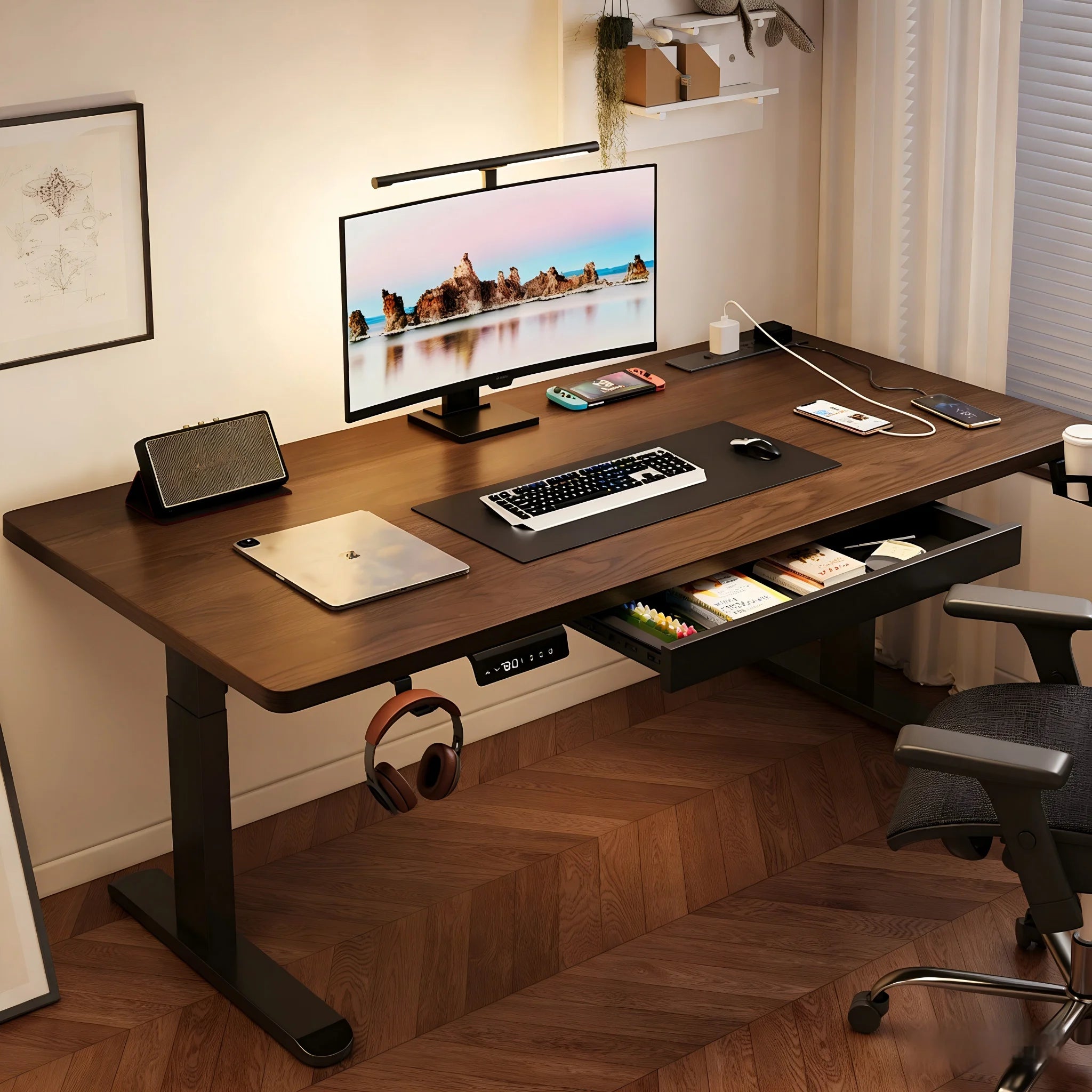 Solid Wood Standing Desk With Drawer — Dark Walnut | KIMLUD