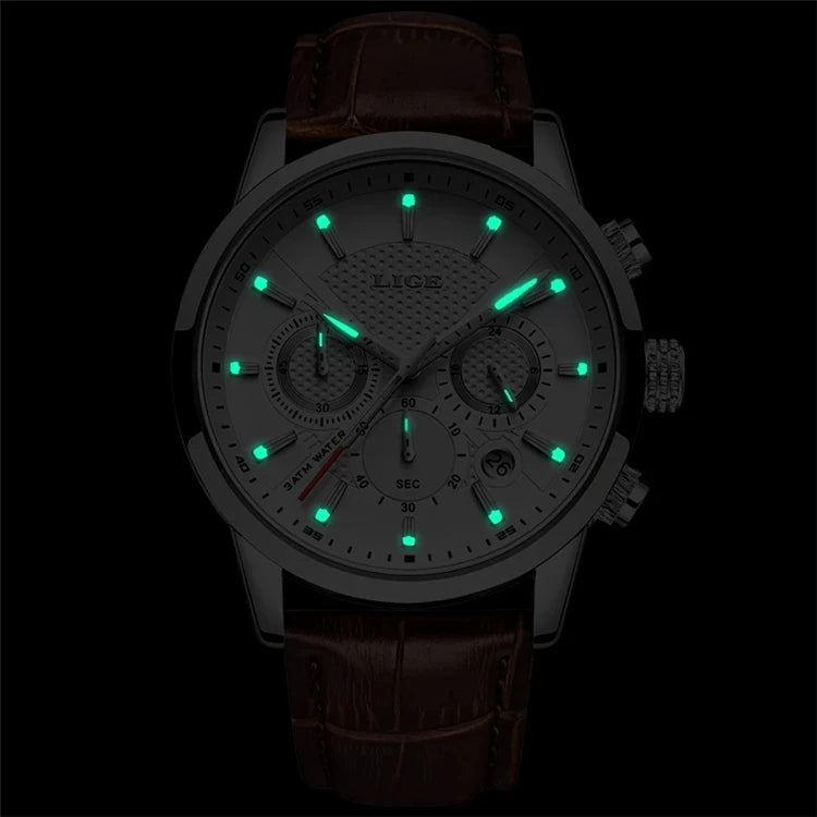 For LIGE 9866 New Men's Fashion Sport Quartz Watch Waterproof Business Dial Pointer Brand Leather Strap Alloy Relogio Masculino