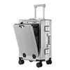 Aluminium Front Opening Luggage Case With Multifunction Password Lock And Cup Holder — Cool Silver | KIMLUD