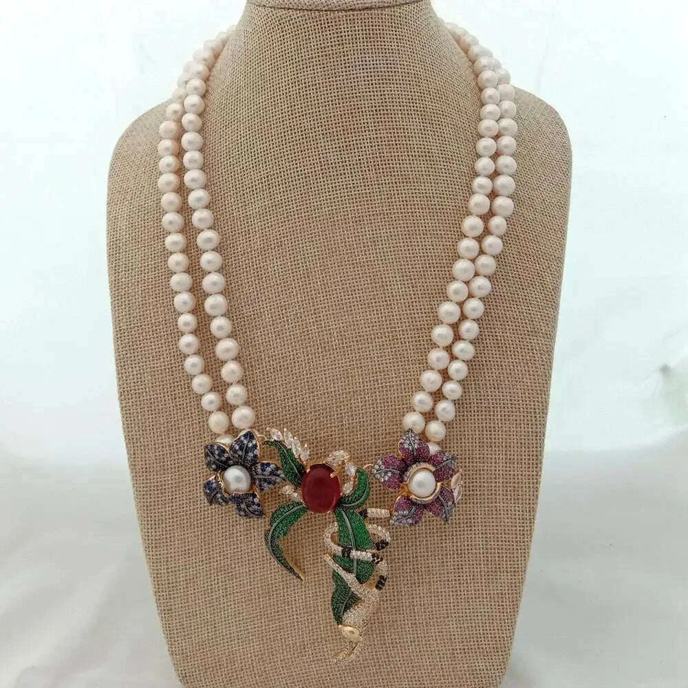 21-2-rows-white-round-freshwater-pearl-necklace-cz-pave-annimal-flower-monkey-gold-color-plated-pendant-luxury-wedding-kimlud-kimlud-33912907