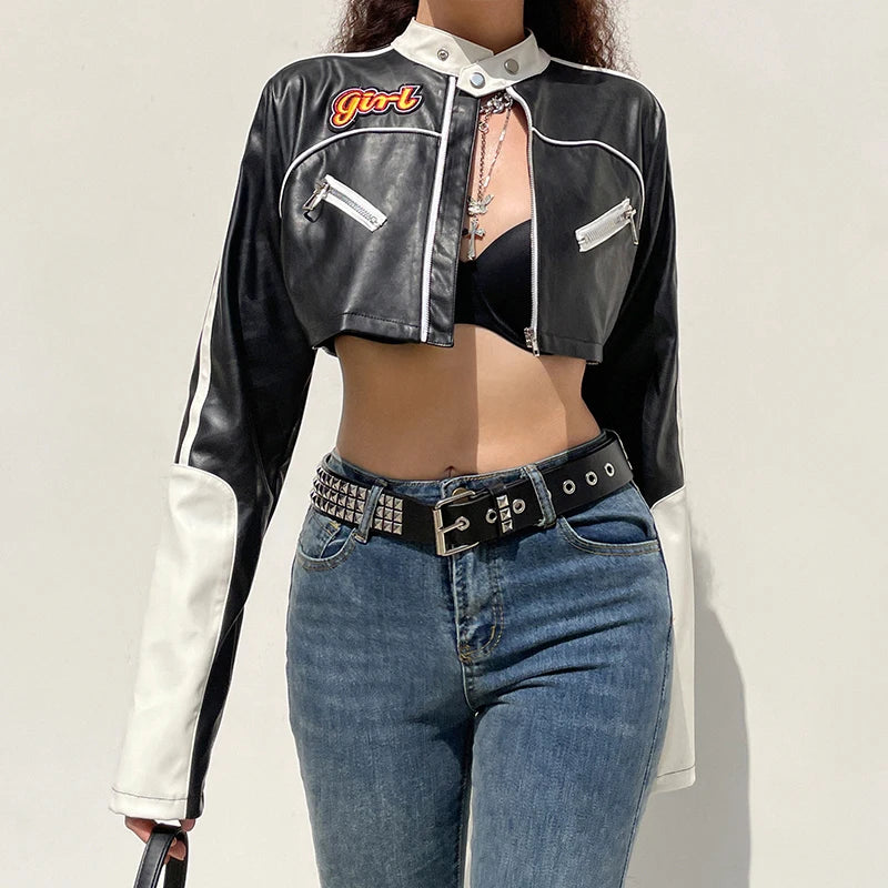 Darlingaga Streetwear Punk Style Patchwork Cropped PU Leather Jacket Women Zipper Autumn Winter Jacket Contrast Color Basic Coat