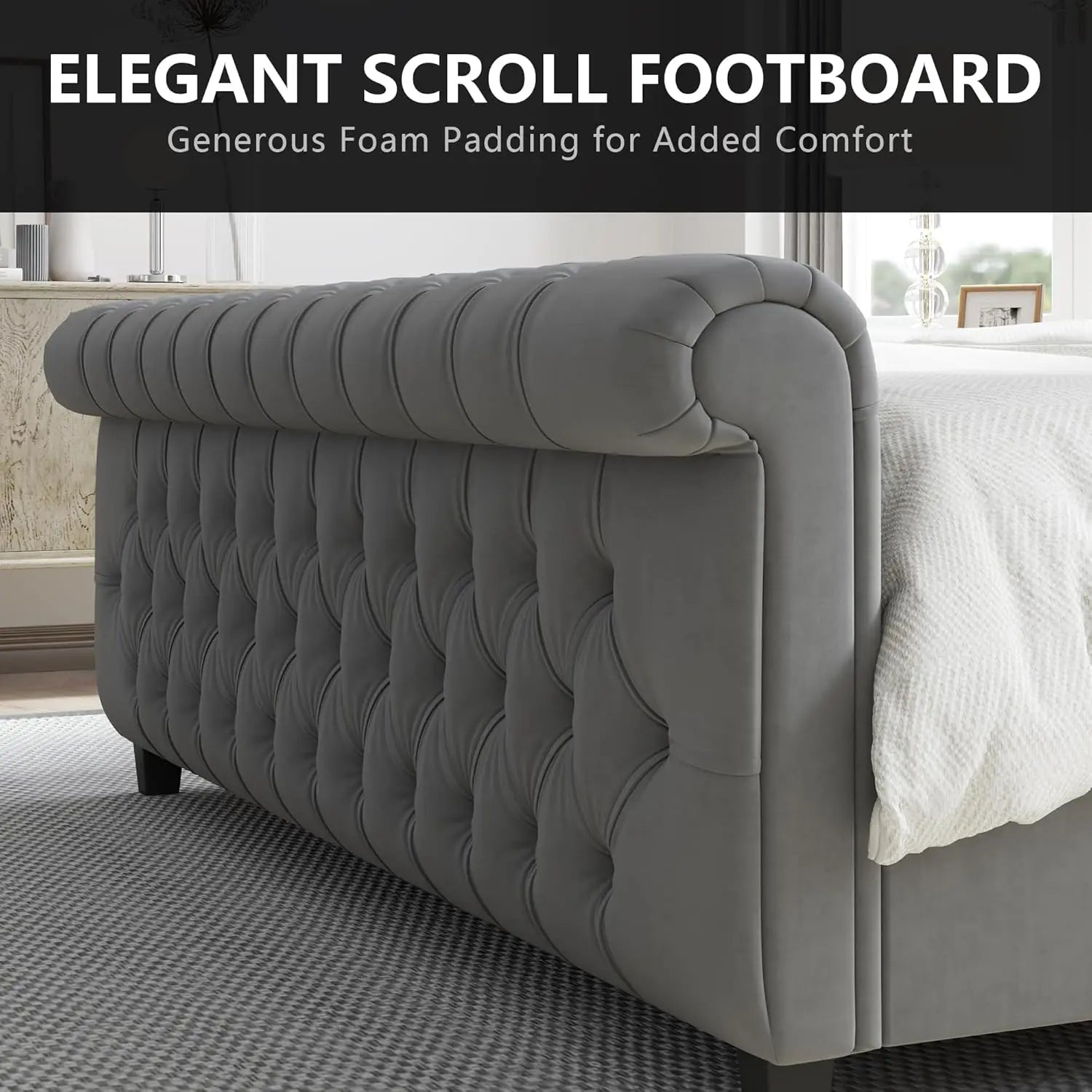 Velvet Upholstered Tufted Sleigh Bed — Gray | KIMLUD