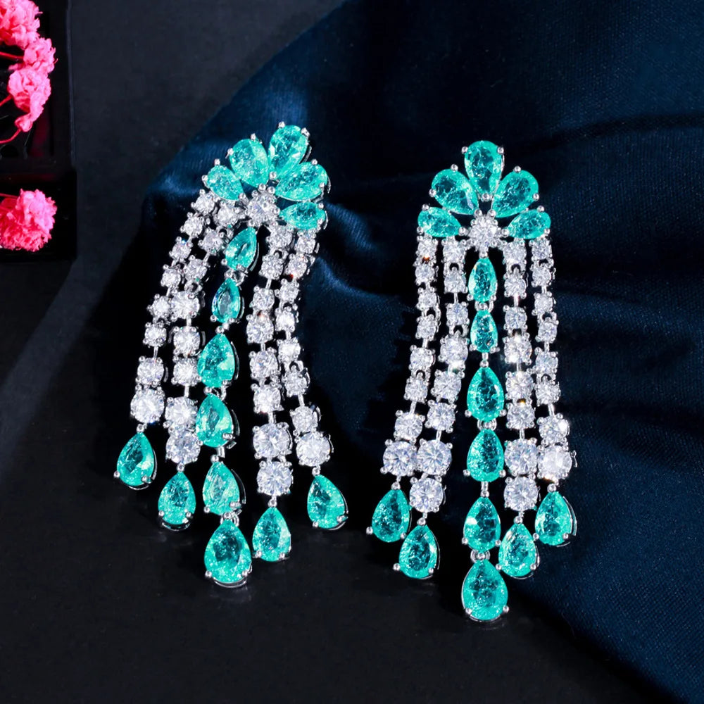 CWWZircons Chic Long Dangle Drop Tassel Light Green Cubic Zirconia Earrings for Women Wedding Banquet Bridal Party Jewelry CZ012