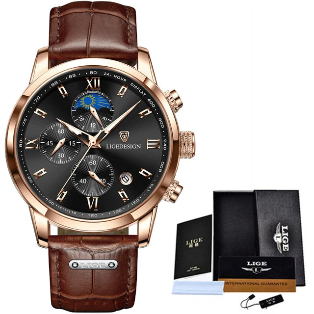 LIGE Men Watch Luxury Leather Waterproof Sport Quartz Wristwatch Chronograph Military Watch for Men Relogio Masculino Men‘s Gift