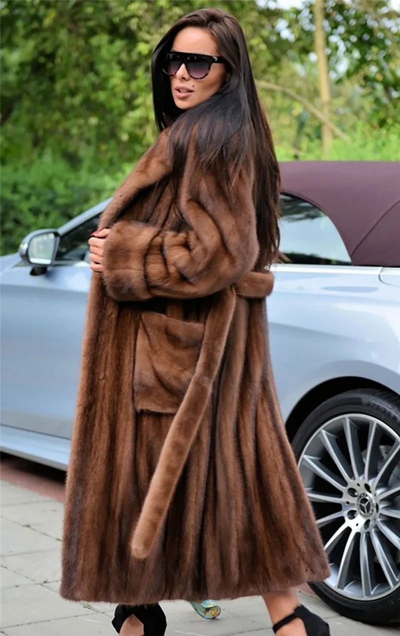 Natural Real Mink Fur Coat for Women High Quality Genuine Long Jacket with Lapel Collar Pelt Women's Outerwear