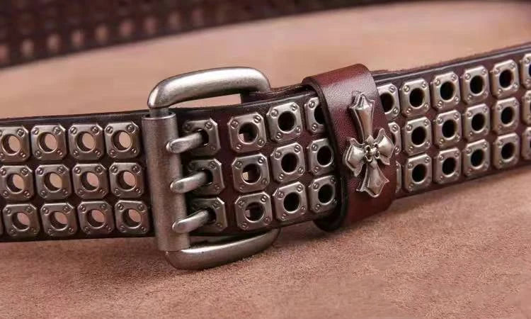 Studded Leather Belt Heavy Metal Style — Dark Brown | KIMLUD
