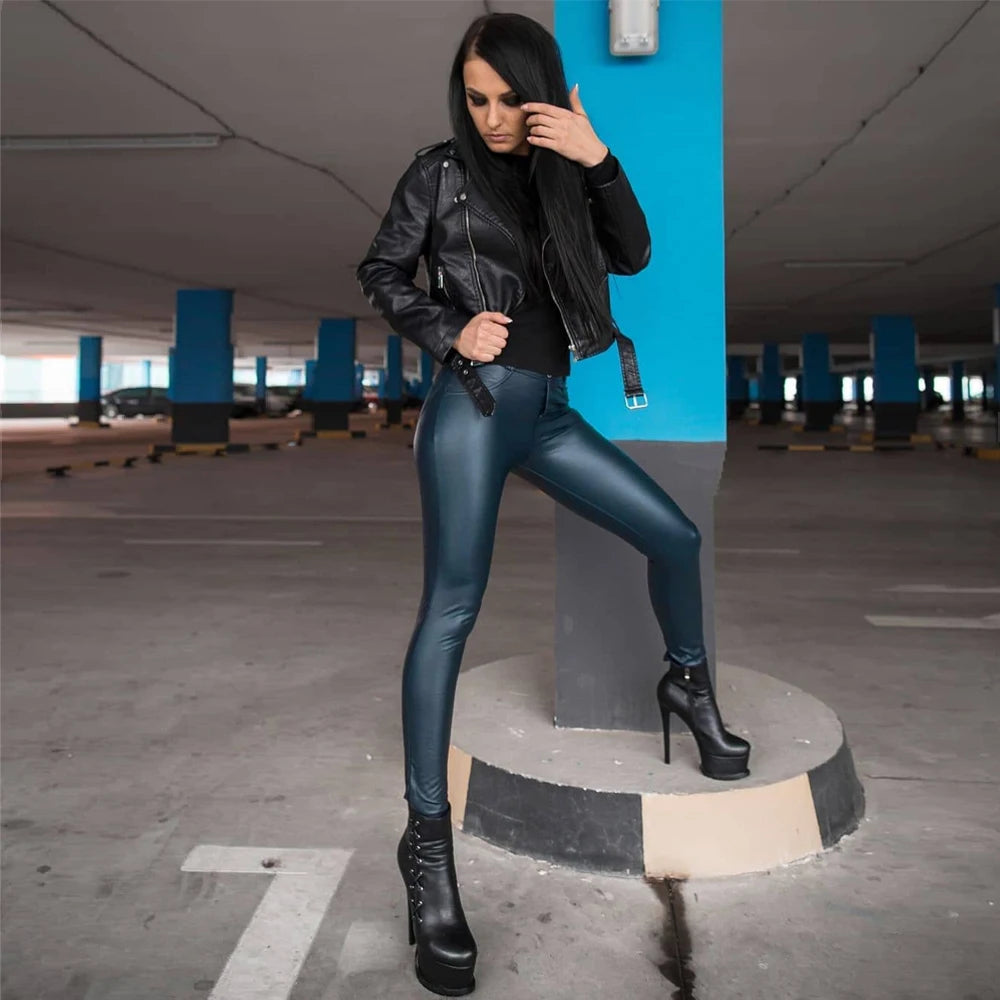 Shascullfites Melody Blue Faux Leather Trousers Wet Leather Pants Legging Ladies Leather Pants Hip Butt Shaper Long Leggings