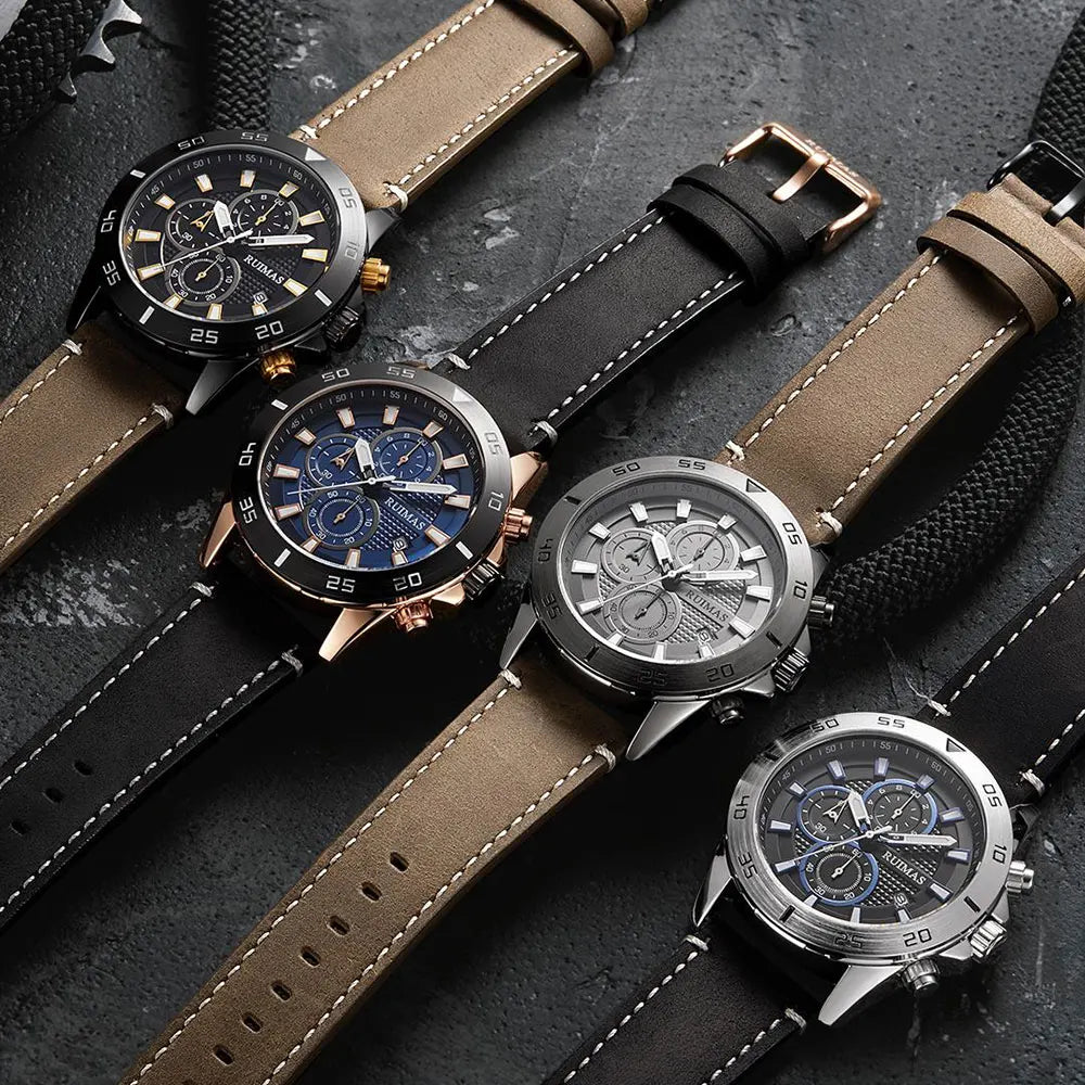Premium Leather Strap Chronograph Watch — Black | KIMLUD