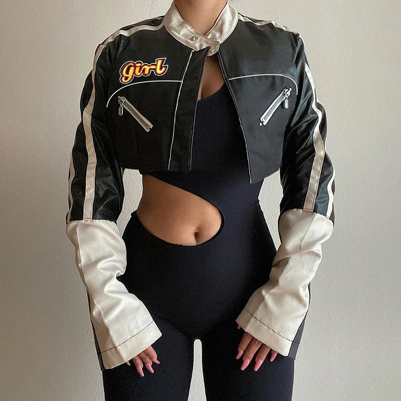 Darlingaga Streetwear Punk Style Patchwork Cropped PU Leather Jacket Women Zipper Autumn Winter Jacket Contrast Color Basic Coat