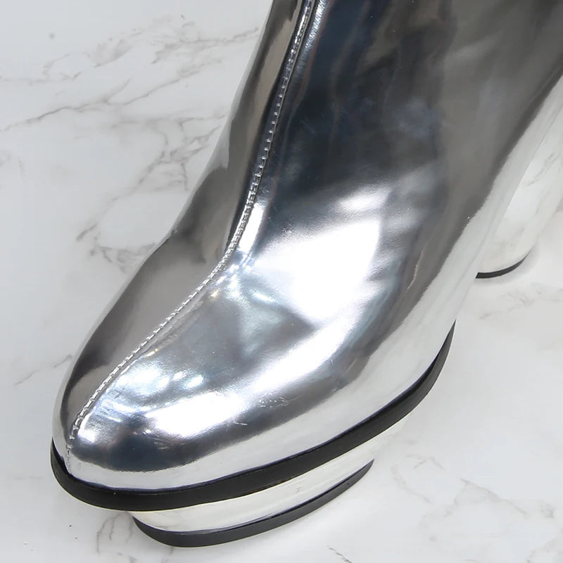 High Heel Boots Womens Shoes Heels Women Winter Cool Fashion New Autumn Winter Thick-heeled Silver Patent Leather Short Bling