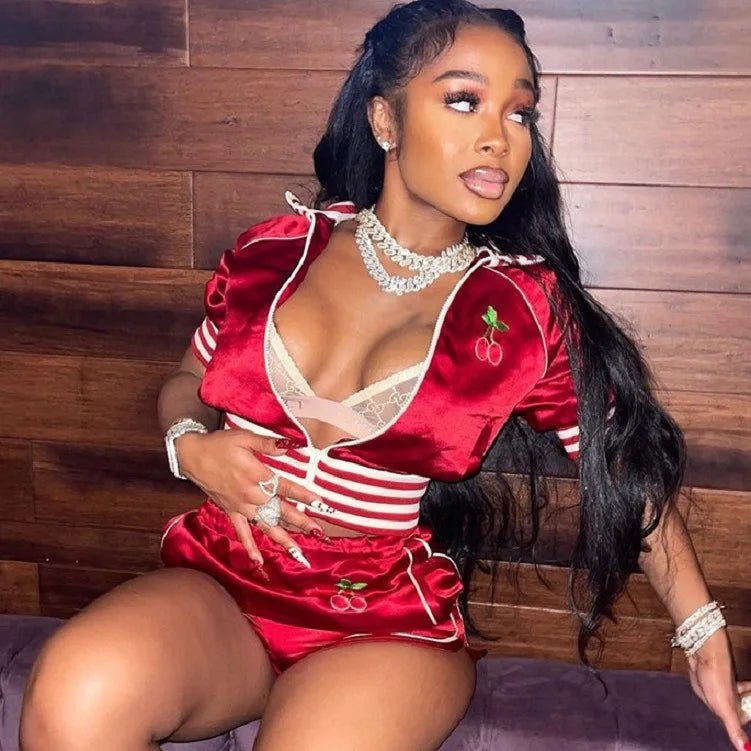 Hot Sale Women Tracksuit Fashion Cherry Embroidery Zipper Crop Top Two Pieces Short Set Sports Wear for Women