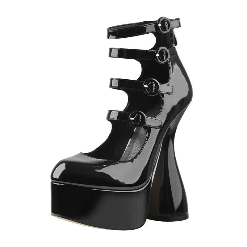 KIMLUD, Onlymaker Platform High Heels Strange Style Heels Buckle Decoration Patent Leather Ankle Strap Spring Autumn Fashion Sandals, KIMLUD Womens Clothes