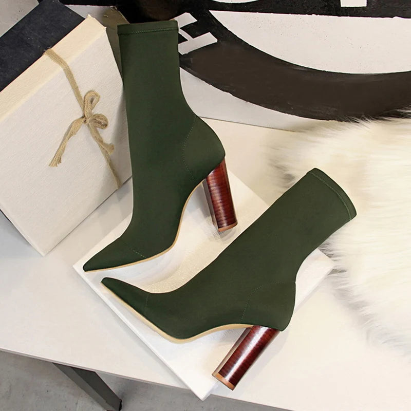 Ankle Boots – Stretch Sock Boot – 8cm Square Heel – Women | KIMLUD