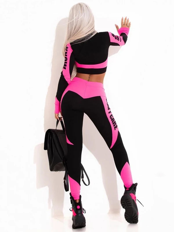 Oshoplive Female Long Sleeves Zipper Tees&leggings Sports Suits 2023 Spring Autumn Letter Print Yoga Two Pieces Set For Women
