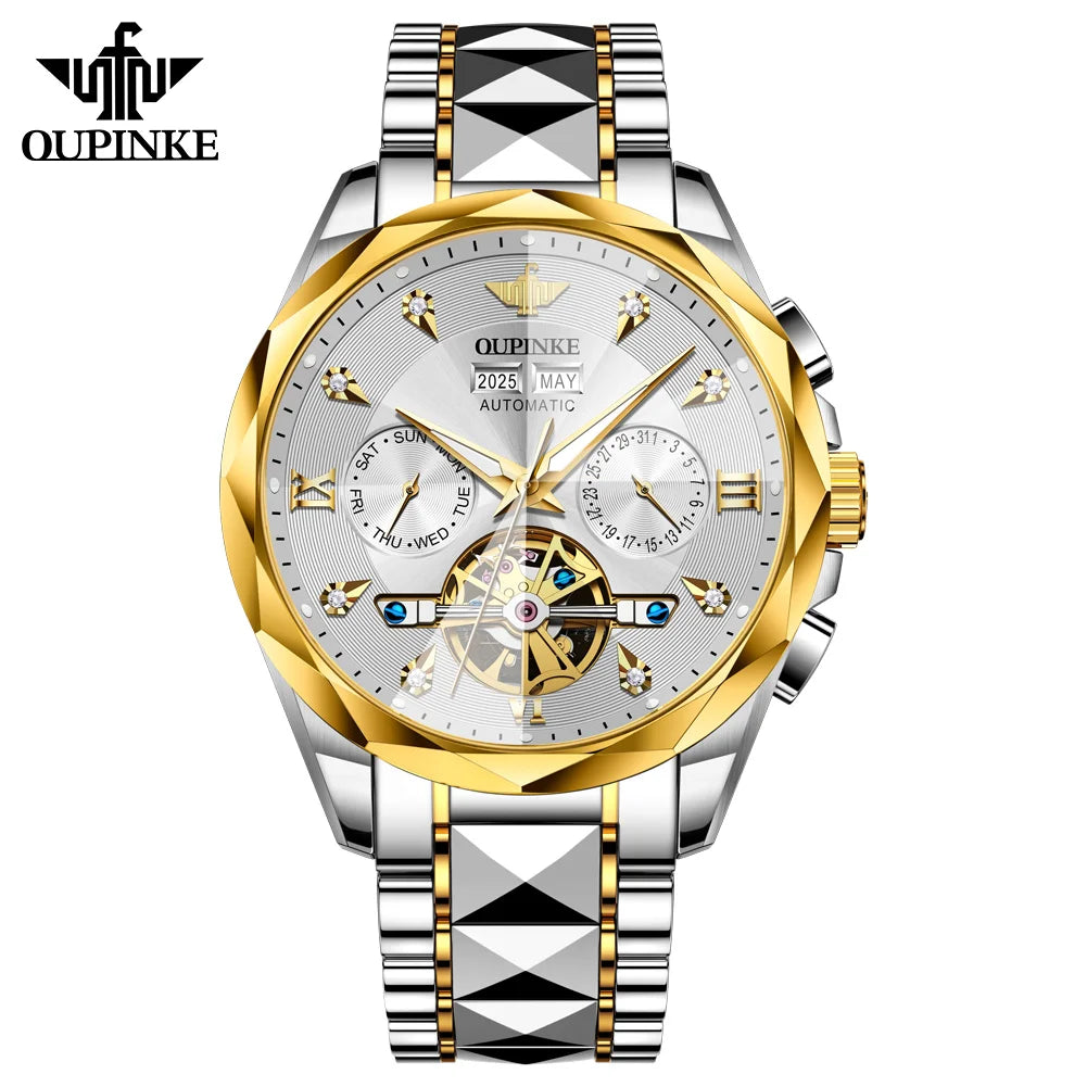 Oupinke 3316 Oem logo Hollow Design Business Tourbillon Waterproof Stainless Steel Luminous Automatic Mechanical Watch for Man