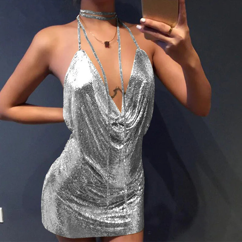 Sexy Diamond Halter Metal Party Dress 2025 Gold Silver Summer Backless Sequin Women's Dropshipping Fashion Vesitos