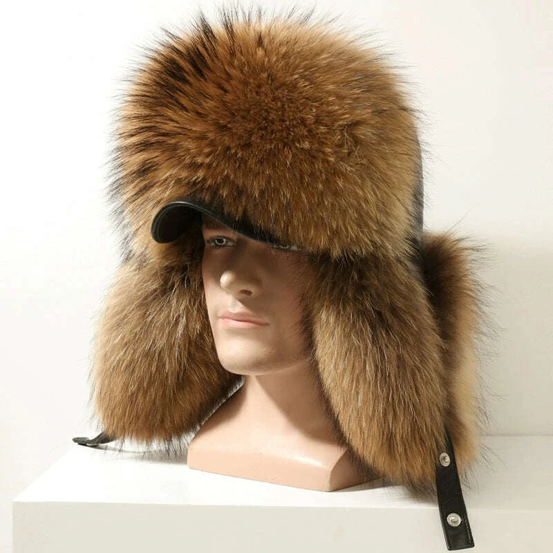 KIMLUD, Winter Middle-Aged and Elderly Raccoon Fur Leather Men Ushanka, KIMLUD Womens Clothes