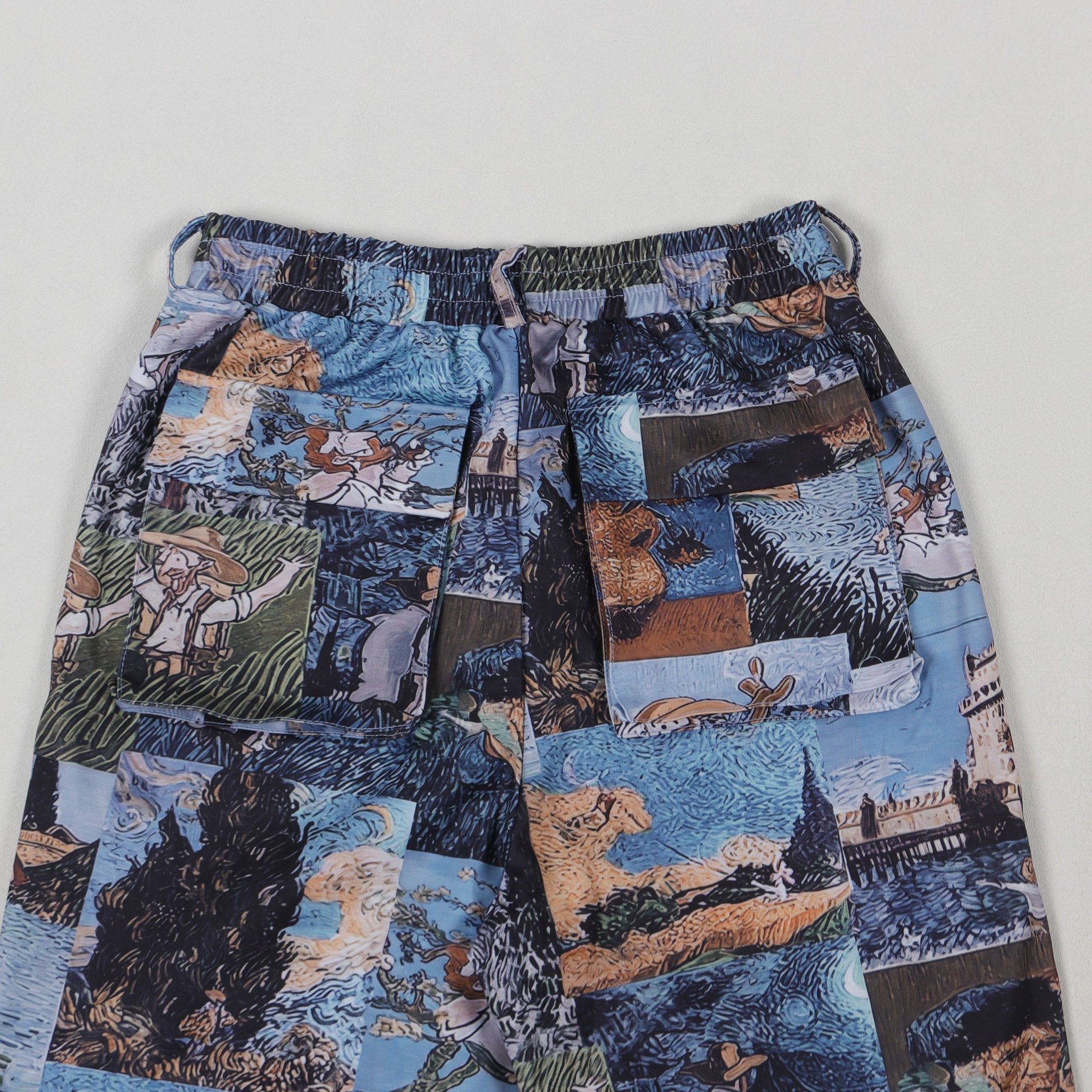 Oil Painting Print Knit Two Piece Set With Lace Up Back Crop Top — Blue | KIMLUD