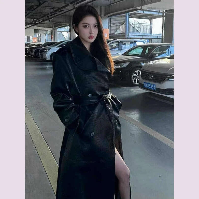 yujie-cool-and-chic-crocodile-pattern-patent-leather-pu-leather-coat-outerwear-women-autumn-new-high-grade-mid-length-waist-hugging-trench coatkimlud-womens-fashion-34608745
